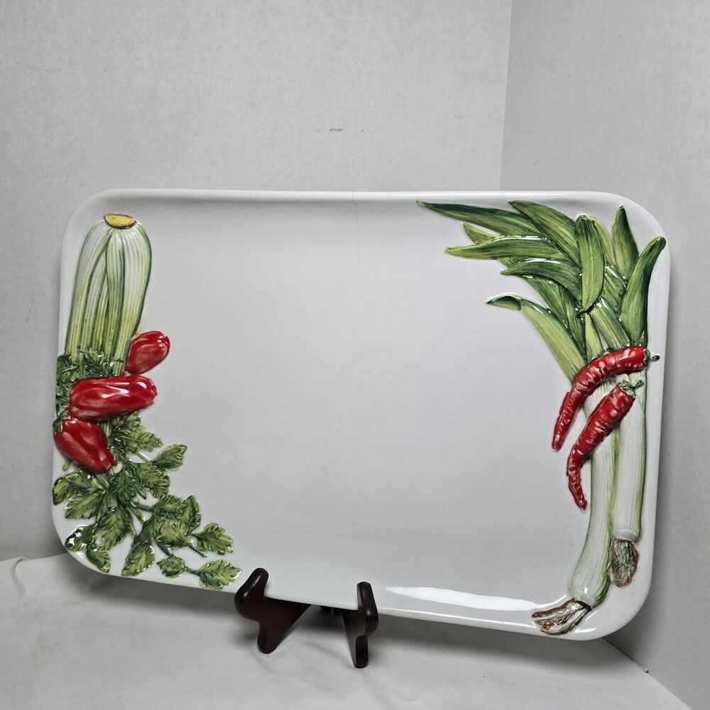 LARGE Cre Art 3D Hand Painted Serving Plate Platter Celery Green Onion Pep Italy